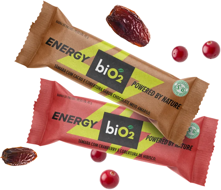Duas barras energéticas biO2 Energy de Tâmara: Sabor Cacau com Cobertura Meio Amargo e Tâmara com Cranberry e Cobertura de Hibisco