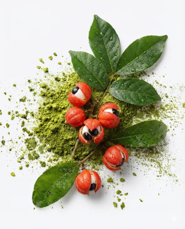 Galho com guaraná em cima de um montinho de pó de matchá