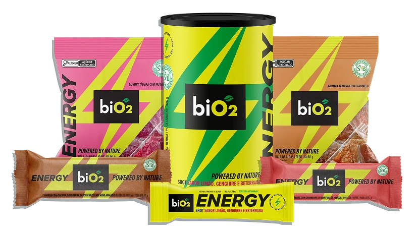 Linha completa biO2 Energy Pote 420g, Sachê, Gummy e Barras