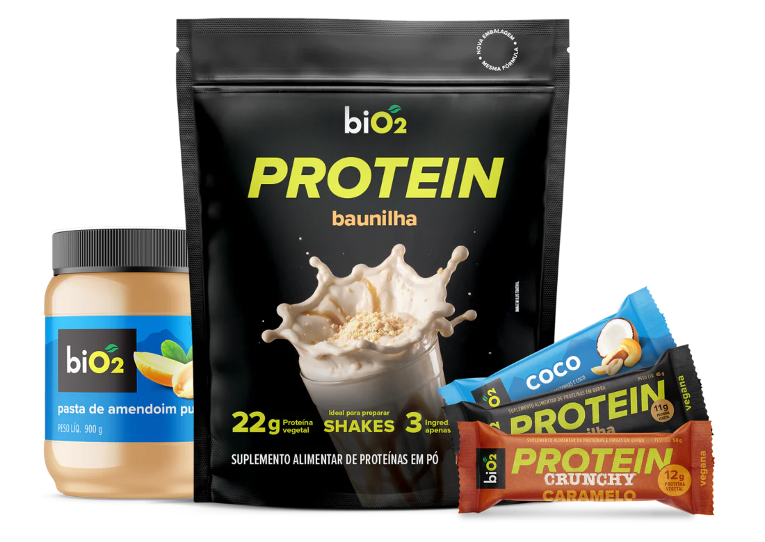 Clássicos biO2: Protein baunilha, pasta de amendoim e barras de coco, Protein e Protein Crunchy