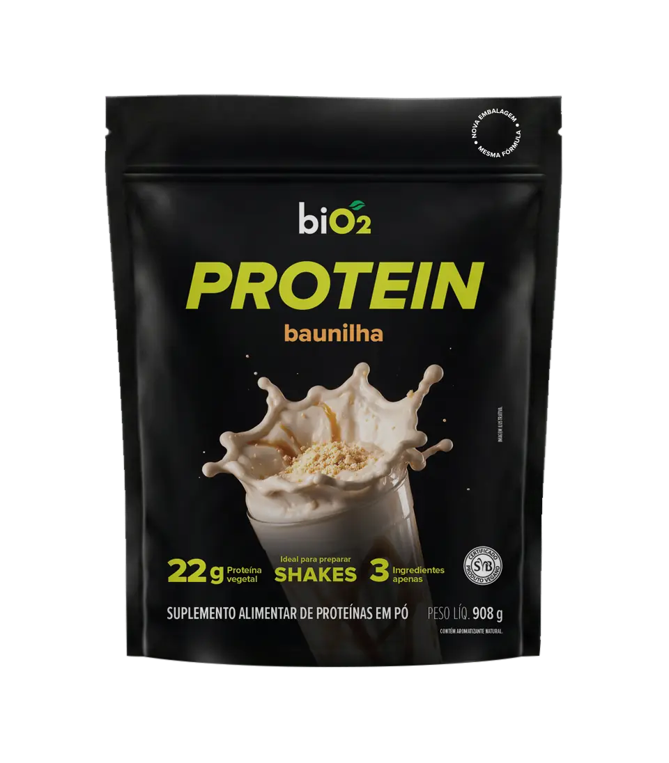 Nova embalagem da biO2 Protein 908 g sabor baunilha