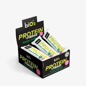 Barra de Proteína e Fibras biO2 linha Protein & Performance, Vegana e Sem Glúten, sabor Limão Siciliano, caixa com 12 unidades de 45 gramas cada.