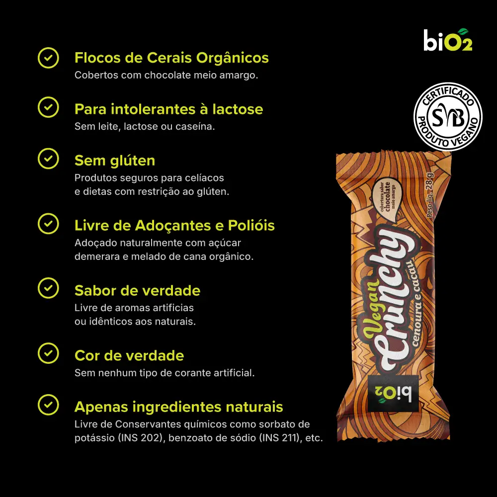 Barra de Cereais Vegana Crocante com Chocolate Meio Amargo