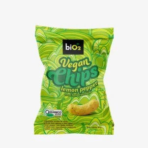 Salgadinho assado saudável biO2, linha Vegan Crunchy, vegano, orgânico e sem glúten, sabor lemon pepper, embalagem de 40 gramas.