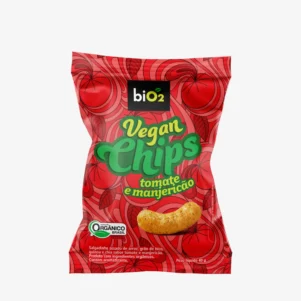 Salgadinho assado saudável biO2, linha Vegan Crunchy, vegano, orgânico e sem glúten, sabor tomate e manjericão, embalagem de 40 gramas.