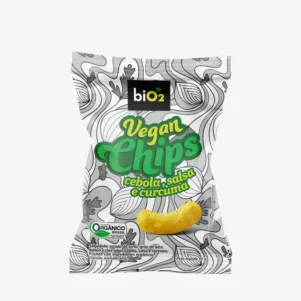 Salgadinho assado saudável biO2, linha Vegan Crunchy, vegano, orgânico e sem glúten, sabor cebola, salsa e cúrcuma, embalagem de 40 gramas.