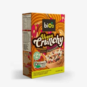 Cereal Matinal biO2, linha Vegan Crunchy, vegano, orgânico e sem glúten, sabor cenoura beterraba, cacau e caramelo, embalagem de 200 gramas.