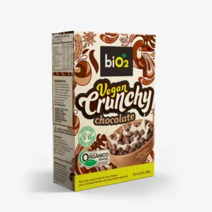Cereal Matinal biO2, linha Vegan Crunchy, vegano, orgânico e sem glúten, sabor chocolate, embalagem de 200 gramas.