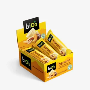 Barra de Castanhas e Frutas biO2 Nuts e Fruits, vegana e sem glúten, sabor banana com chocolate, caixa com 12 unidades de 25 gramas cada.