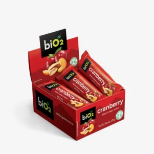 Barra de Castanhas e Frutas biO2 Nuts e Fruits, vegana e sem glúten, sabor cranberry, caixa com 12 unidades de 25 gramas cada
