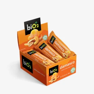Barra de Castanhas e Frutas biO2 Nuts e Fruits, vegana e sem glúten, sabor damasco, caixa com 12 unidades de 25 gramas cada.