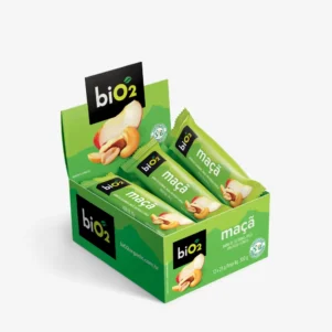 Barra de Castanhas e Frutas biO2 Nuts e Fruits, vegana e sem glúten, sabor maçã, caixa com 12 unidades de 25 gramas cada.