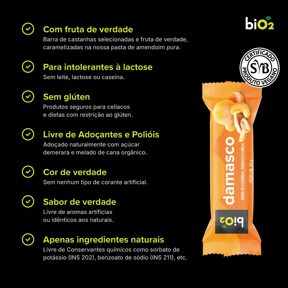 Barra Vegana de Castanhas e Damasco 25g - Snack Saudável