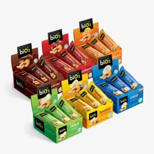 Barras de castanhas e frutas biO2 Nuts em 6 sabores com 12 unidades com 25g cada.