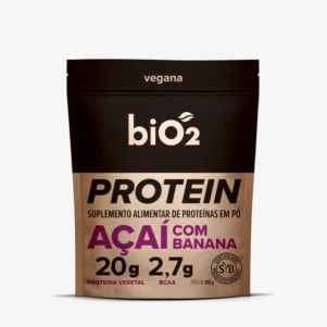 Suplemento Proteína Vegetal em Pó de Arroz e Ervilha biO2, linha Protein & Performance, vegana e sem glúten, sabor Açaí e Banana, pote de 908 gramas.
