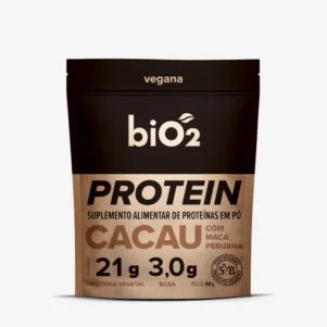 Suplemento Proteína Vegetal em Pó de Arroz e Ervilha biO2, linha Protein & Performance, vegana e sem glúten, sabor Cacau e Maca Peruana, pote de 908 gramas.