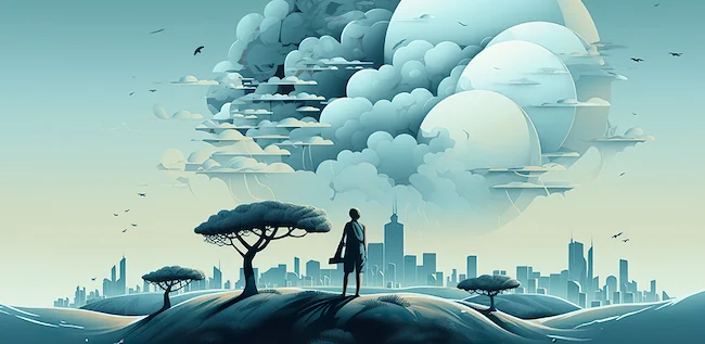 Ilustração que mostra a cidade de fundo e um ser humano na natureza em primeiro plano