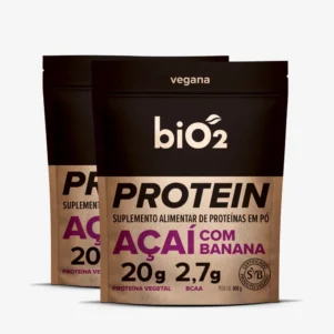 Combo 2x Suplemento Proteína Vegetal em Pó de Arroz e Ervilha biO2, linha Protein & Performance, vegana e sem glúten, sabor Açaí e Banana, pote de 908 gramas.