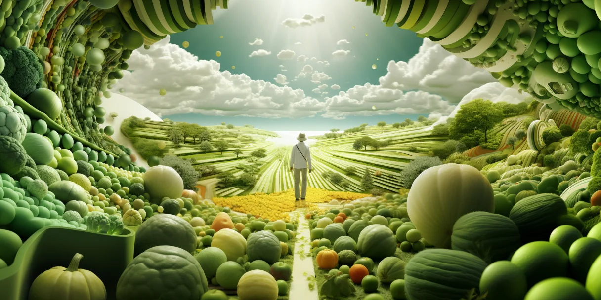 Imagem de um portal verde de frutas e plantas que da para um mundo verde e maravilhoso