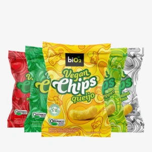 Cinco salgadinhos assado saudável biO2, linha Vegan Crunchy, vegano, orgânico e sem glúten, sabores queijo, ervas, lemon pepper, cebola, salsa e cúrcuma, tomate e manjericão, embalagens de 40 gramas.