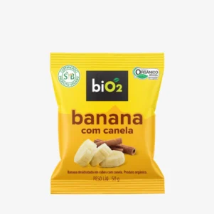 Snack de banana desidratada com canela biO2 linha Nuts e Fruits, Orgânico, Vegano e Sem Glúten, embalagem com 50 gramas