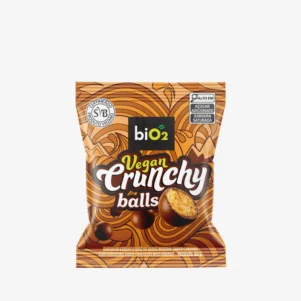 Bolinhas de cereais crocantes biO2 Vegan Crunchy, vegana e sem glúten, sabor cenoura com cobertura de chocolate meio amargo, embalagem de 50 gramas.