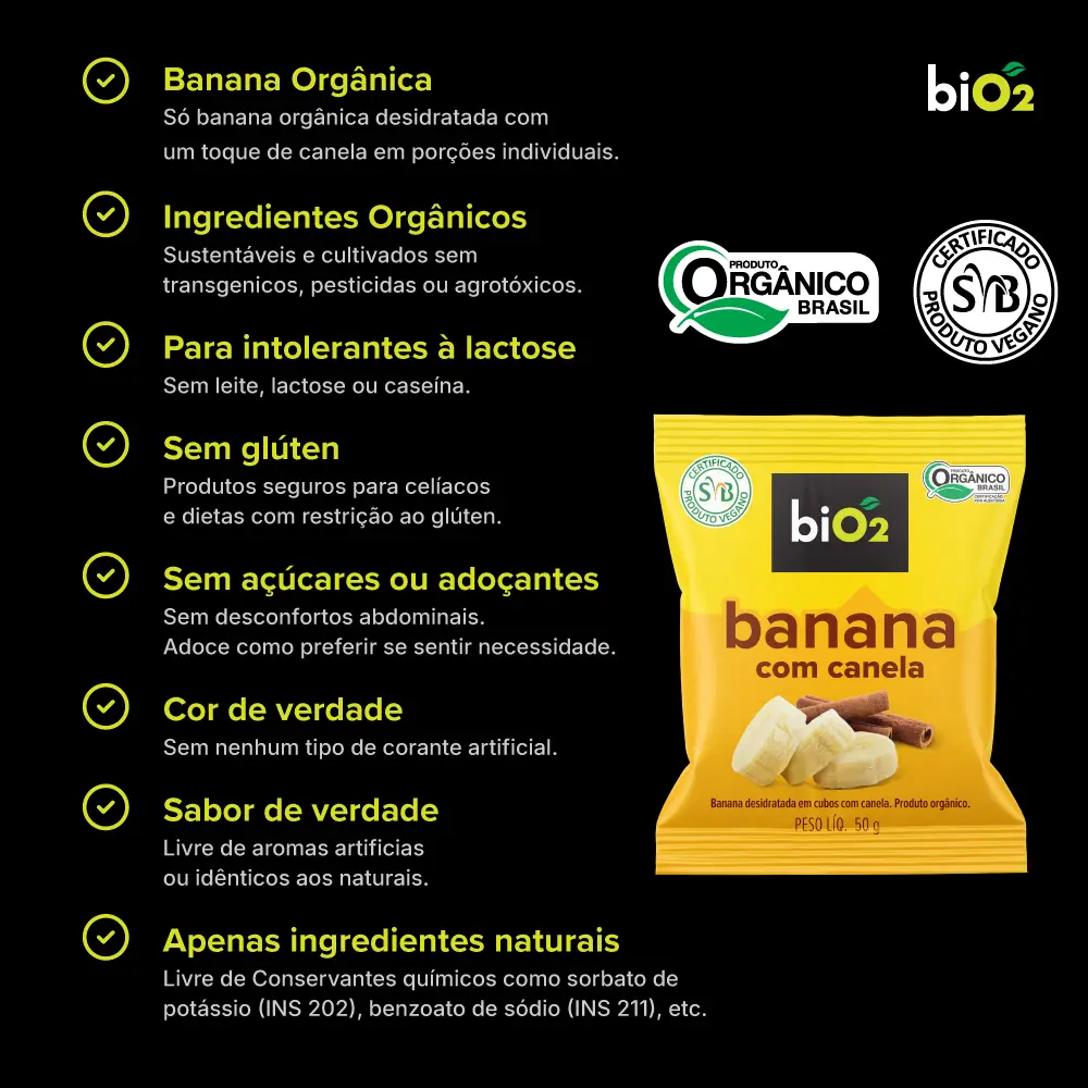 Snack Orgânico de Banana c/ Canela 50g: Saudável e Prático