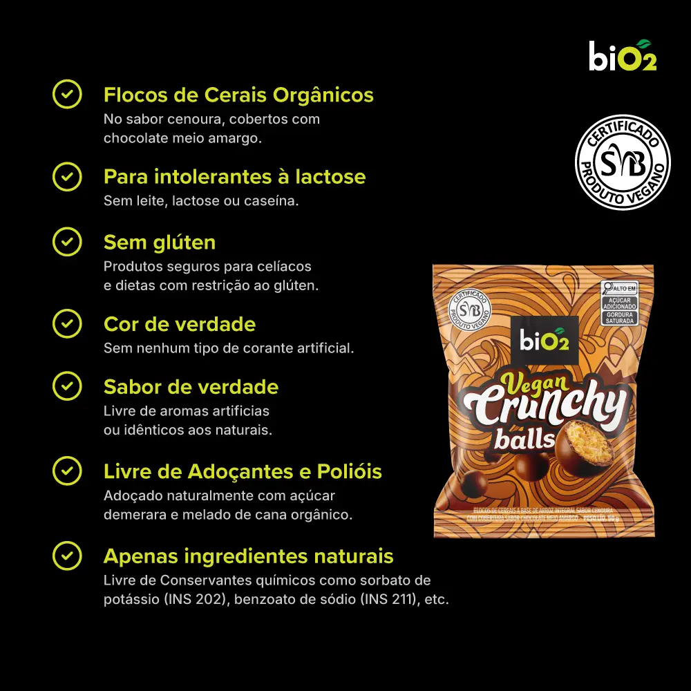 Bolinhas Veganas Crocantes com Chocolate Meio Amargo 50g