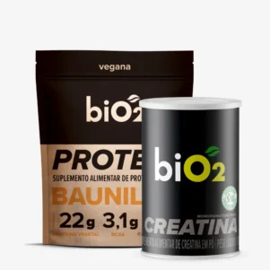Combo Suplemento Proteína Vegetal em Pó de Arroz e Ervilha biO2 sabor baunilha 908g, vegana e sem glúten com Creatina Monohidratada pura pote 300g