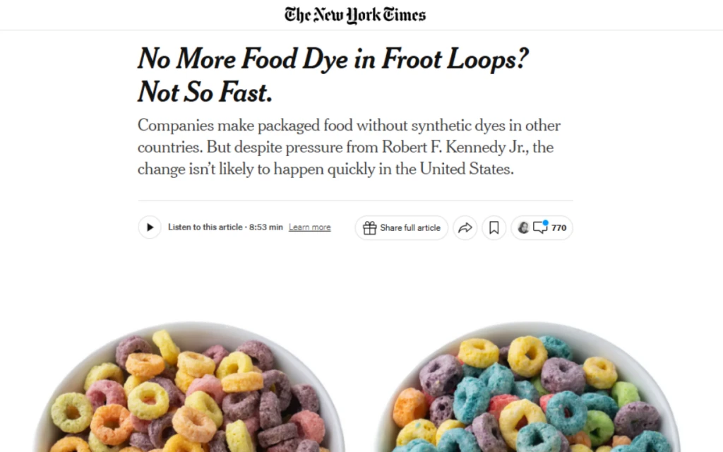 Notícia do The New Work Times que diz: "No more food dye in froot loops? Not so fast"