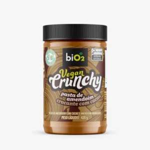Pasta de Amendoim Crocante com Cacau biO2 linha Vegan Crunchy, Vegana e Sem Glúten, feita apenas com amendoim e cacau, pote com 420 gramas