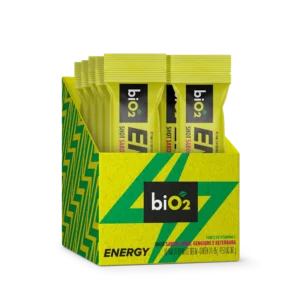 Caixa com 24 sachês com 15 g cada de energético natural biO2 Energy Shot sabor limão, gengibre e beterraba