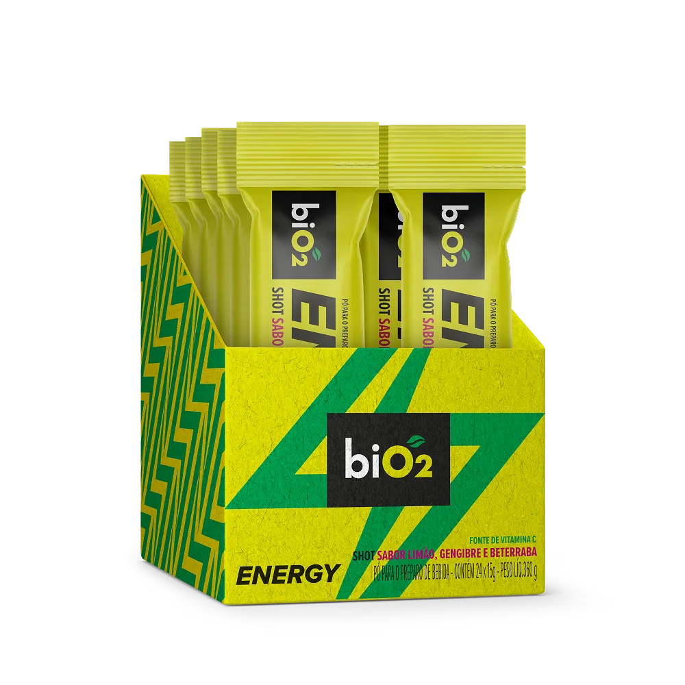 Caixa com 24 sachês com 15 g cada de energético natural biO2 Energy Shot sabor limão, gengibre e beterraba